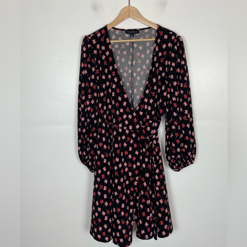 Eloquii Wrap Floral Midi Dress Size 14 Long Sleeve Soft Liquid Knit Puff Sleeve